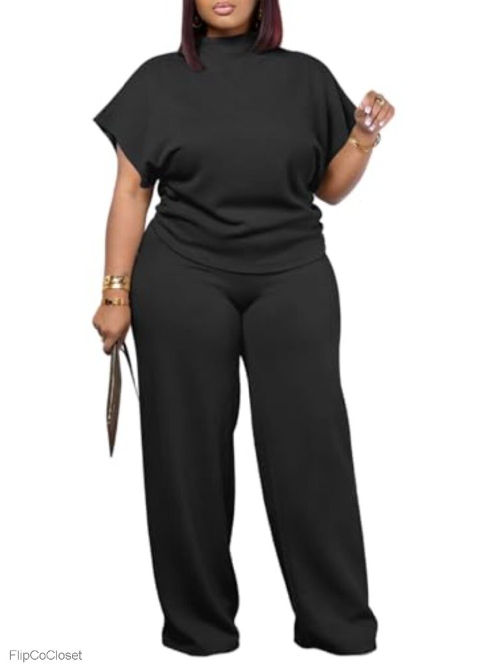 Women's Plus Size 2 Piece Lounge Set Baggy Short Sleeve Top Wide Leg Pants
